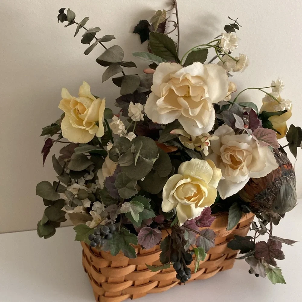 Elegant Cream faux Floral  arrangement Basket with Bird Cottagecore
